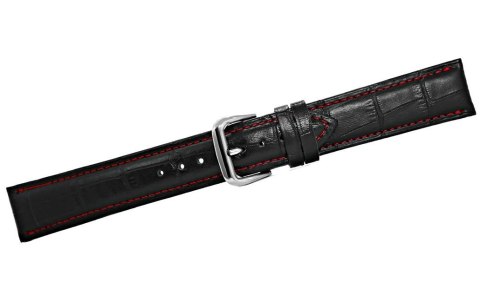 Pasek do Zegarka Skórzany 20mm Czarny z Czerwoną Nitką
