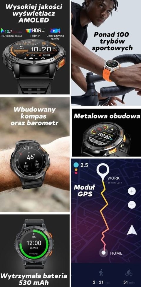 Smartwatch Gravity GT24-2 GPS AMOLED (Czarny + Biały Pasek)
