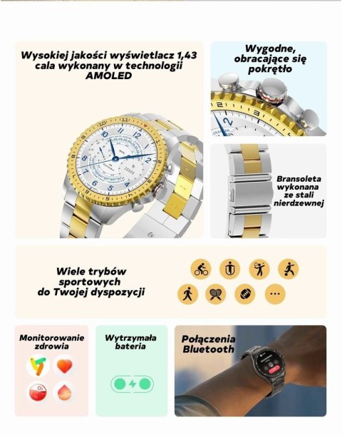 Smartwatch Gravity GT16-1 Złoty na Stalowej Bransolecie