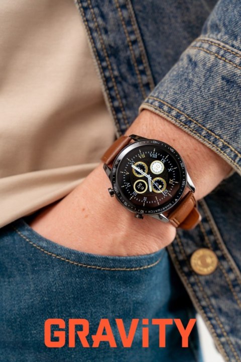 Smartwatch Gravity GT10-4 Czarny z brązowym paskiem skórzanym
