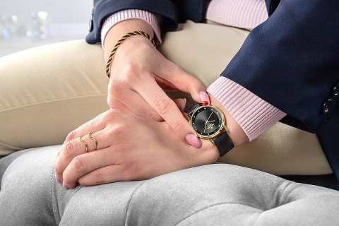 Zegarek Damski Giewont Sapphire Złota Koperta Czarna Bransoleta