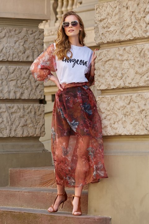 Spódnica Model L19 Bordo Flowers - Makadamia